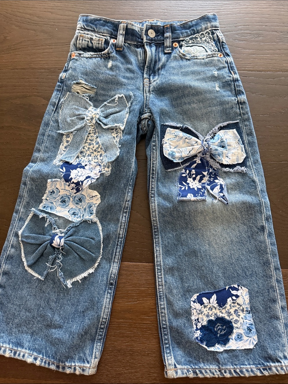 LoveShackFancy Girls Blue Floral Patchwork Jeans